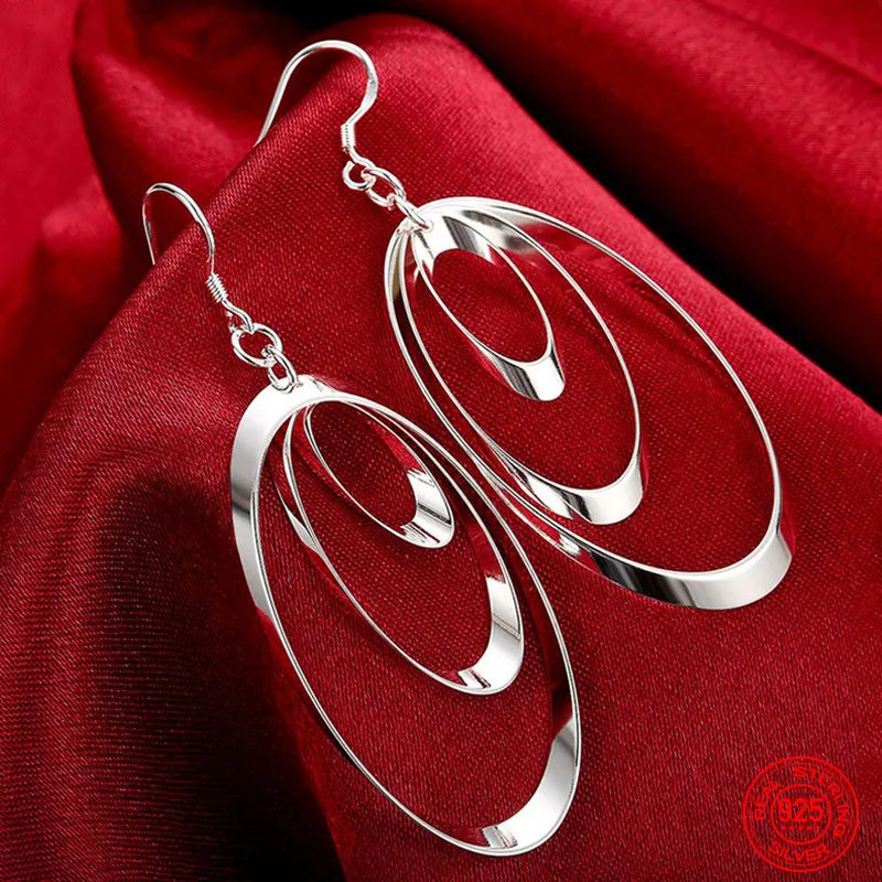 925 Silver Three Circle Tassel Drop Earrings for Women
