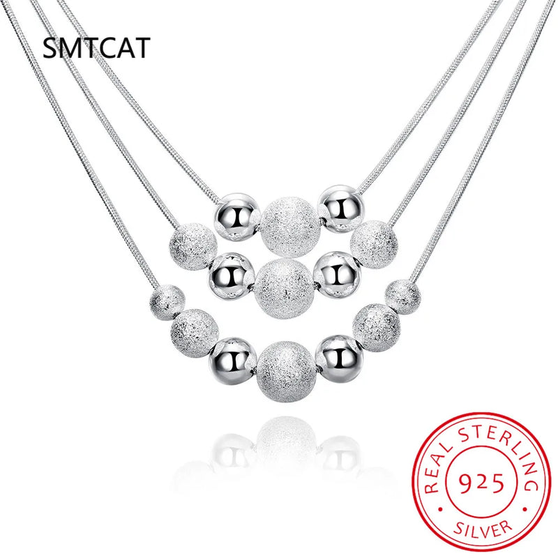 925 Silver 3 Layer Snake Chain Beads Necklace Wedding Jewelry