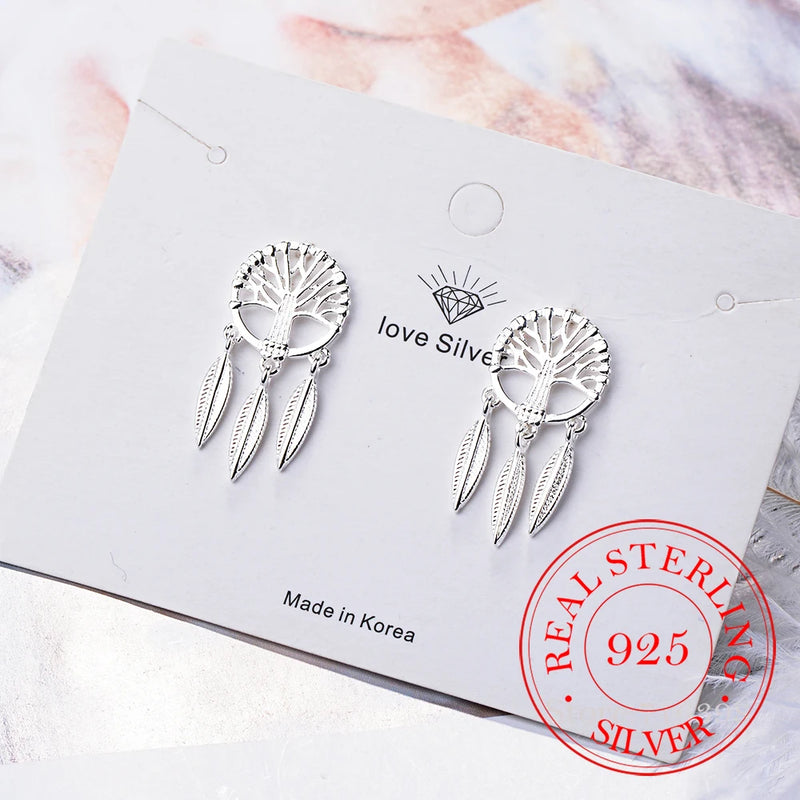 925 Silver Tree Tassel Feather Ear Drop Earrings