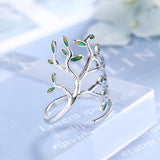 925 Silver Tree of Life Green Leaves Adjustable Finger Rings for Women