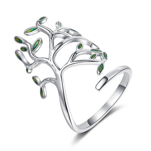 925 Silver Tree of Life Green Leaves Adjustable Finger Rings for Women
