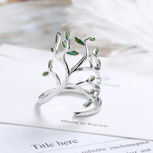 925 Silver Tree of Life Green Leaves Adjustable Finger Rings for Women