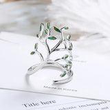 925 Silver Tree of Life Green Leaves Adjustable Finger Rings for Women
