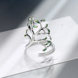 925 Silver Tree of Life Green Leaves Adjustable Finger Rings for Women