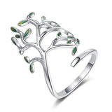 925 Silver Tree of Life Green Leaves Adjustable Finger Rings for Women