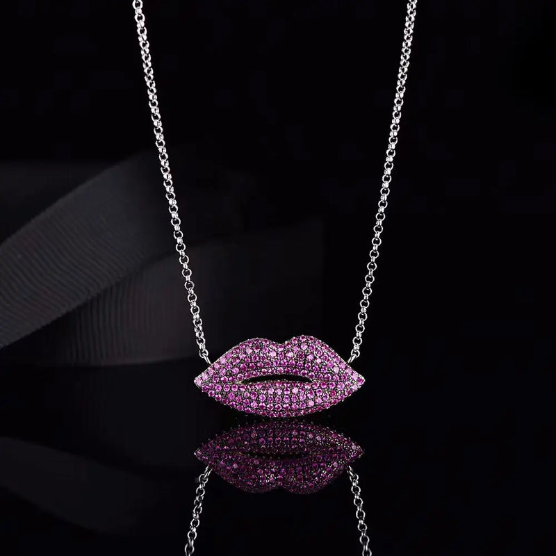 925 Silver Pink Lip Pendant Necklace Double Heart Tail Chain