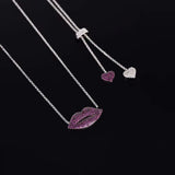 925 Silver Pink Lip Pendant Necklace Double Heart Tail Chain