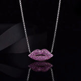 925 Silver Pink Lip Pendant Necklace Double Heart Tail Chain