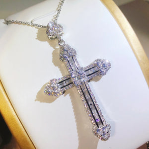 925 Silver Cross Pendant Necklace Zircon Inlay Charm Unisex Jewelry