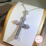 925 Silver Cross Pendant Necklace Zircon Inlay Charm Unisex Jewelry