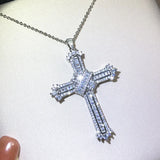 925 Silver Cross Pendant Necklace Zircon Inlay Chain Unisex Jewelry