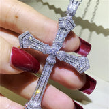 925 Silver Cross Pendant Necklace Zircon Inlay Chain Unisex Jewelry