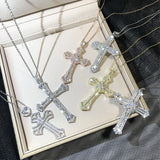925 Silver Cross Pendant Necklace Zircon Inlay Chain Unisex Jewelry