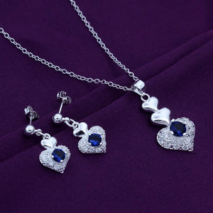 925 Silver Heart Crystal Jewelry Set Necklace Earrings Valentines Gift