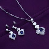 925 Silver Heart Crystal Jewelry Set Necklace Earrings Valentines Gift