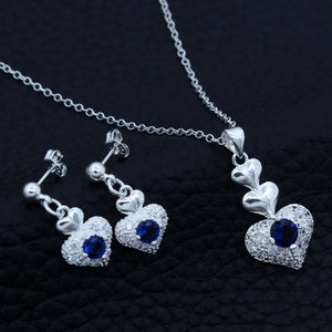 925 Silver Heart Crystal Jewelry Set Necklace Earrings Valentines Gift
