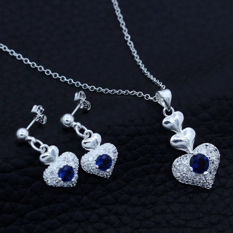 925 Silver Heart Crystal Jewelry Set Necklace Earrings Valentines Gift