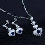 925 Silver Heart Crystal Jewelry Set Necklace Earrings Valentines Gift