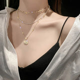 925 Silver Triple Pearl Necklace Geometric Pendant Choker Birthday Gift