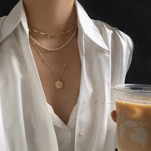 925 Silver Triple Pearl Necklace Geometric Pendant Choker Birthday Gift
