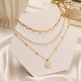 925 Silver Triple Pearl Necklace Geometric Pendant Choker Birthday Gift