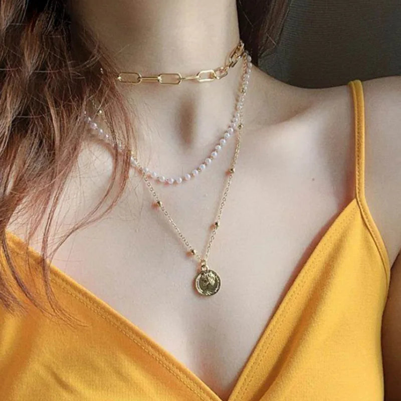 925 Silver Triple Pearl Necklace Geometric Pendant Choker Birthday Gift