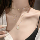 925 Silver Triple Pearl Necklace Geometric Pendant Choker Birthday Gift