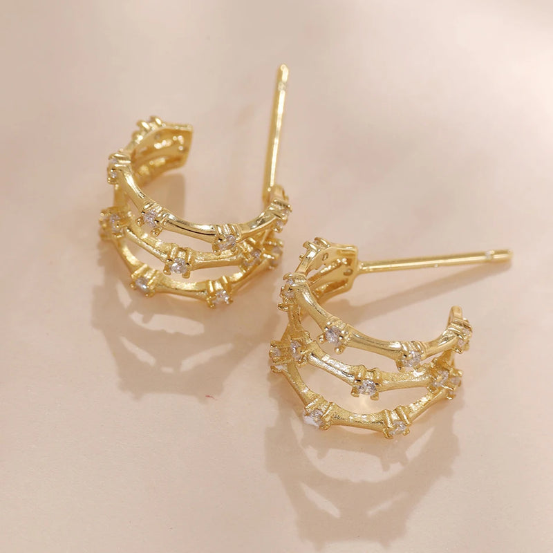 925 Silver Retro Bamboo CZ Hook Earrings 18K Plated