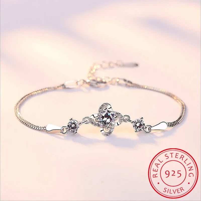 925 Silver Twist Flower Zirconia Bracelet Women Gift Crystal Clover S-B158