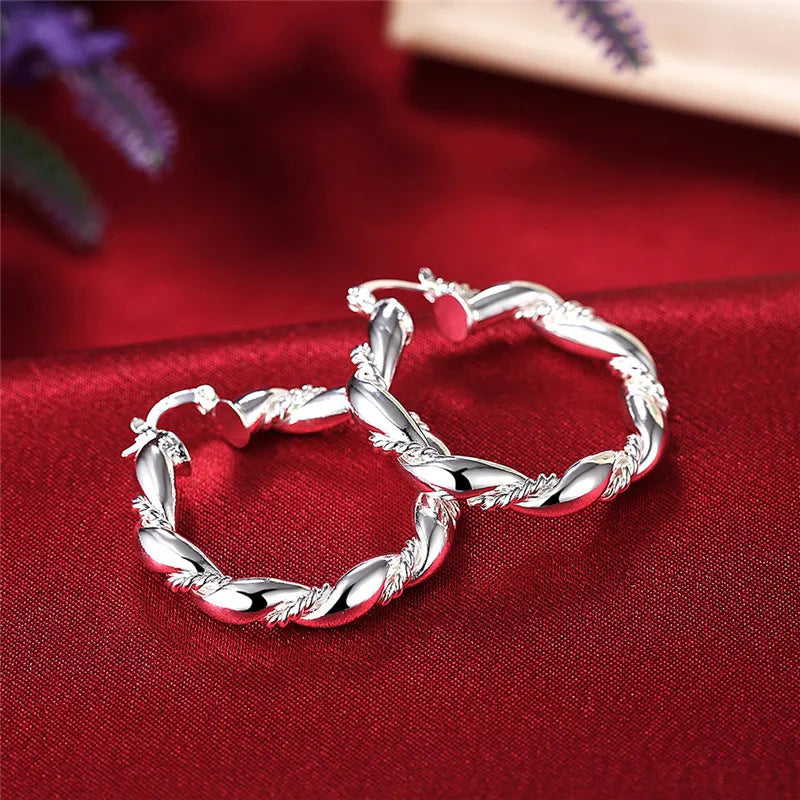 925 Silver Rope Round Hoop Earrings Party Gift Wedding Jewelry