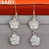 925 Silver Two Rose Flower Long Drop Earring Romantic Wedding Engagement Party