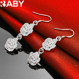 925 Silver Two Rose Flower Long Drop Earring Romantic Wedding Engagement Party