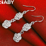 925 Silver Two Rose Flower Long Drop Earring Romantic Wedding Engagement Party