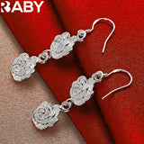 925 Silver Two Rose Flower Long Drop Earring Romantic Wedding Engagement Party