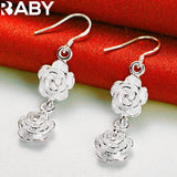 925 Silver Two Rose Flower Long Drop Earring Romantic Wedding Engagement Party