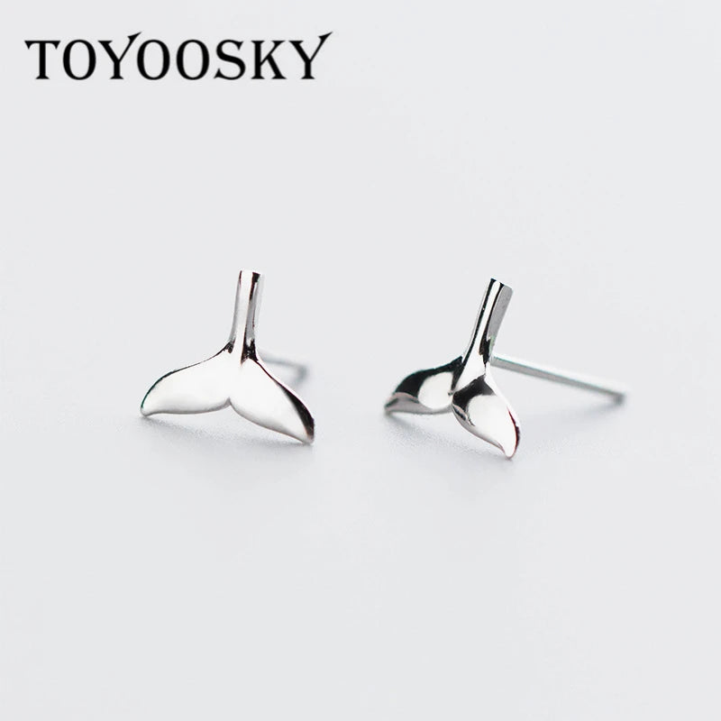 925 Silver Whale Mermaid Tail Stud Earrings Allergy-Free Ear Studs