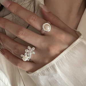 925 Silver Pearl Flower Rings for Women Bohemian Finger Ring