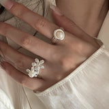 925 Silver Pearl Flower Rings for Women Bohemian Finger Ring