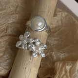 925 Silver Pearl Flower Ring Women Adjustable Wedding Party Jewelry