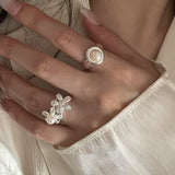 925 Silver Pearl Flower Ring Women Adjustable Wedding Party Jewelry