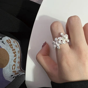 925 Silver Pearl Flower Ring Women Adjustable Wedding Party Jewelry