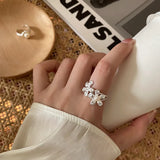 925 Silver Pearl Flower Ring Women Adjustable Wedding Party Jewelry