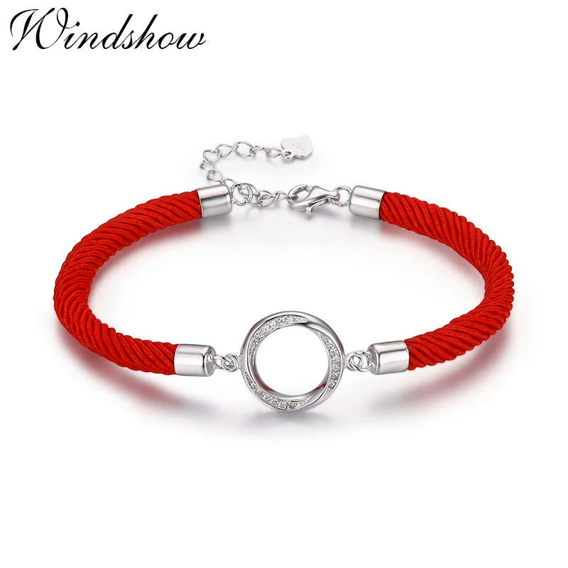 925 Silver Circle CZ Charms Bracelet Women Red Rope Friendship Bracelets