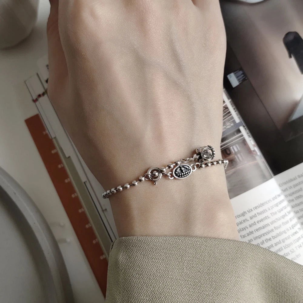 925 Silver Vintage Crown Cross Charm Pendant Bracelet