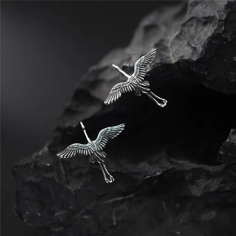 925 Silver Vintage Crane Birds Thai Stud Earrings TYB160
