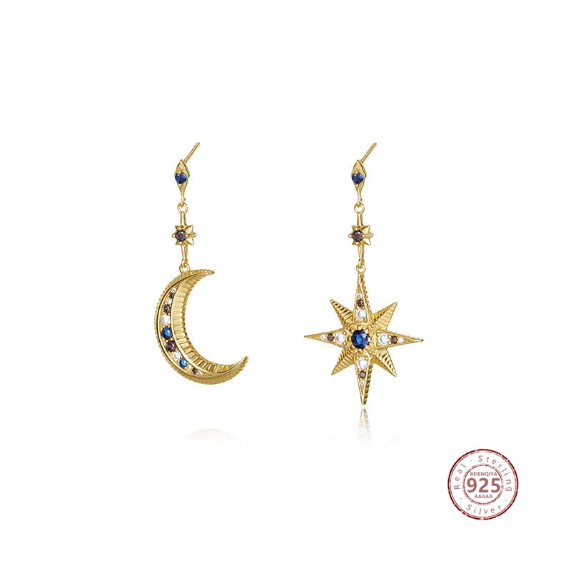 925 Silver Vintage Asymmetric Earrings Zircon Moon Star Studs