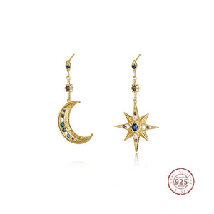 925 Silver Vintage Asymmetric Earrings Zircon Moon Star Studs
