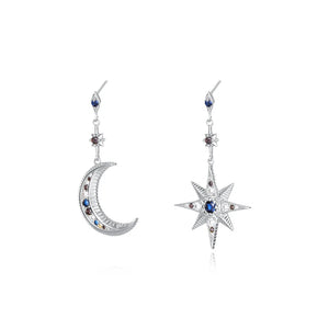 925 Silver Vintage Asymmetric Earrings Zircon Moon Star Studs