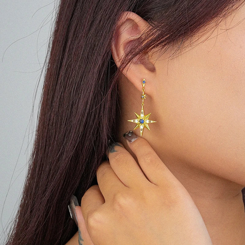 925 Silver Vintage Asymmetric Earrings Zircon Moon Star Studs