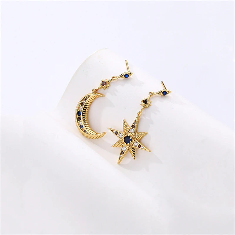 925 Silver Vintage Asymmetric Earrings Zircon Moon Star Studs